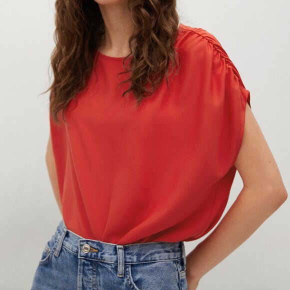 MNG (Mango) | NWT Ruched Shoulder Red T-Shirt Short Sleeves | Size: Medium - Picture 1 of 14